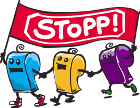 drei Pfeifenmnnchen mit Stopp-Banner